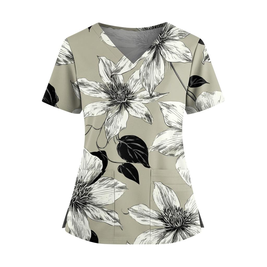 Dámská módní košile s květinovým potiskem, výstřihem do V, dvojitou kapsou, krátkým rukávem, rozparkem na lemu a ochranným pracovním topem