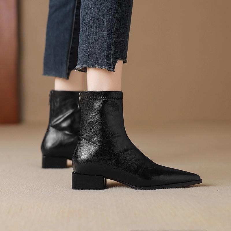 Pointed Low Heel Brown Elastic Thin Boots Autumn and Winter New Thin Short Boots Women's Retro Chelsea Boots