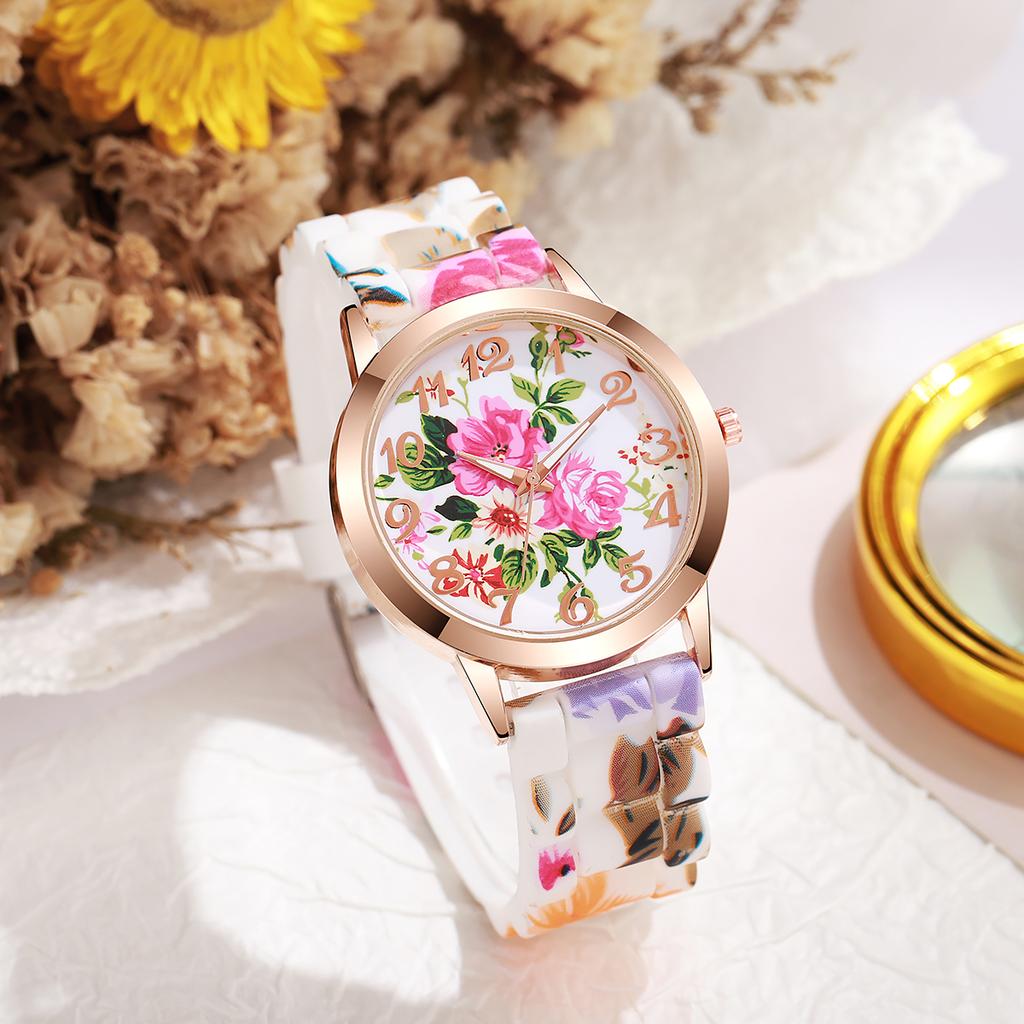 5PCs/Set Women's Silicone Printed Watch Fashion Casual Personalized With Floral Dial Classic Trendy Quartz Watch Combination Set