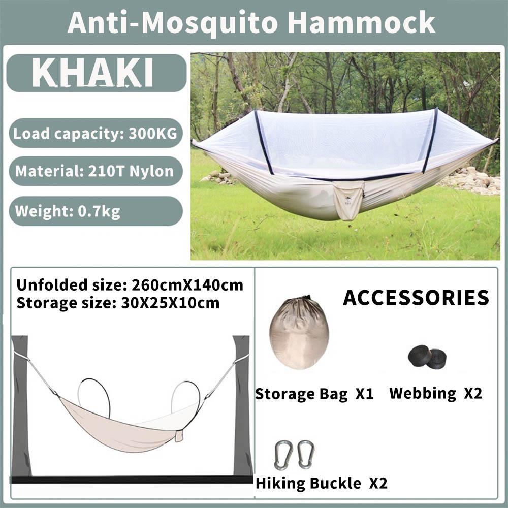 2024 Гамак для кемпинга с москитной сеткой, всплывающий светильник, портативный уличный парашютный гамак, качели, гамак для сна, вещи для кемпинга 260X140cm хаки