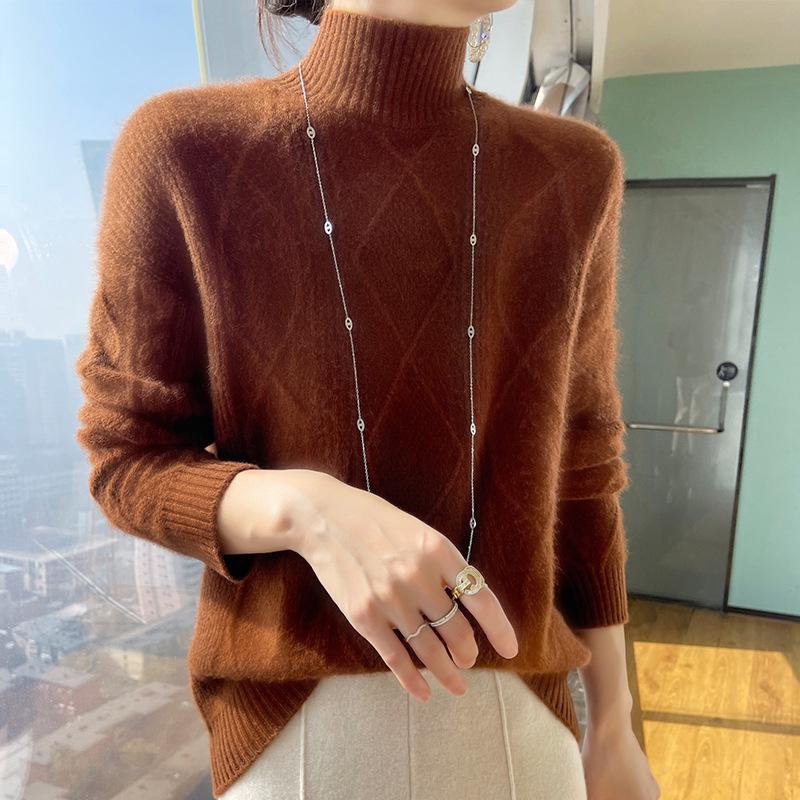 100% Pure Wool Women's Diamond Pattern Half-High Neck Sweater