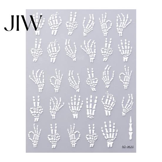 Funny Expression Nail Decals Halloween Art Stickers, 3D Embossed Skeleton Hand Pumpkin Bat Retro Black Stickers Decals, Self-Adhesive Manicure