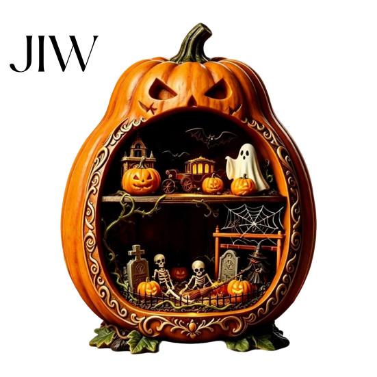 Wooden Halloween Decorations Centerpiece Pumpkin, Pumpkin Ornament with Miniature Scenes, Rustic Unique Table Centerpieces Skeleton for Farmhouse Home