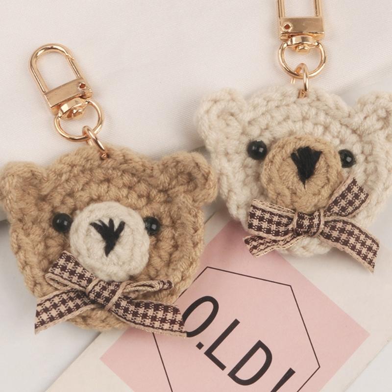 Bowtie Bear Keychain Handmade Wool-Woven Bear Key Ring Earphone Pendant-Decoration Cute Knitted Animal Keyring for Women