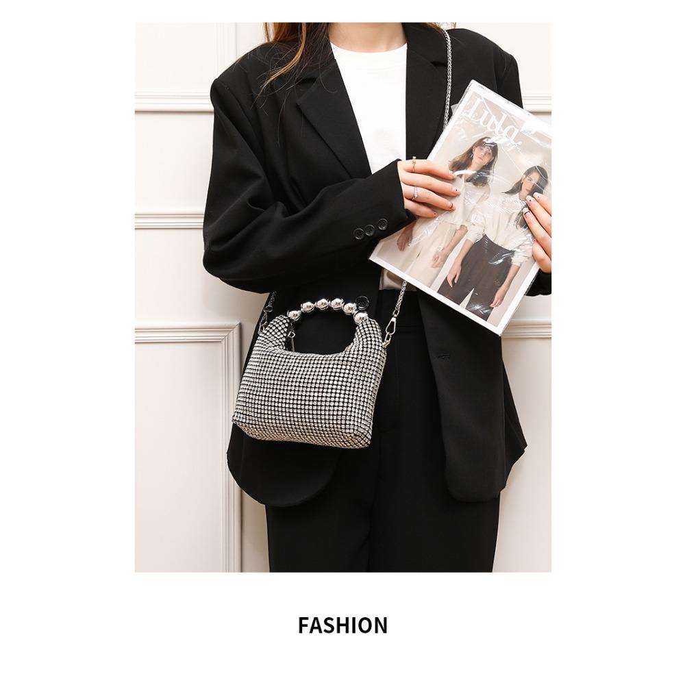 New round bead handbag inlaid brick women's fashion versatile diamond chain rhinestone shoulder bag messenger dinner bag