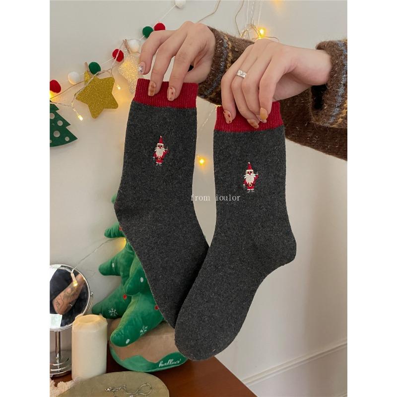 

Женские весенние новые милые вышитые полосатые носки средней длины из шерсти с рождественским снеговиком 1 pair темно-серого