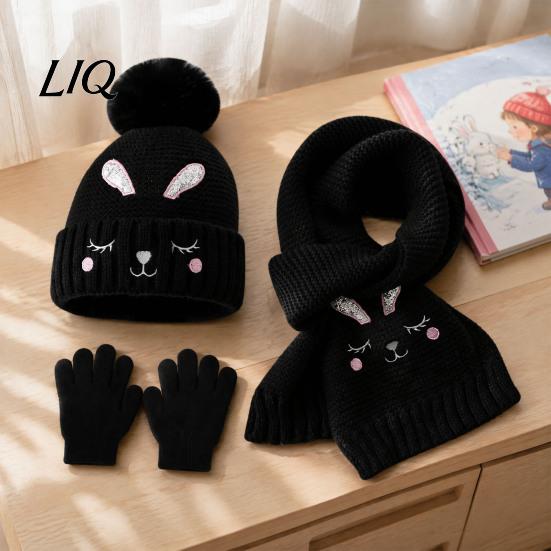 Thermal Winter Accessories for Boys Girls Hat Gloves Scarf Set Kids, Warm Knitted Pompom Hat, Cute Outings Bunny Embroidery, Cozy Ages 2 to 6 Gift