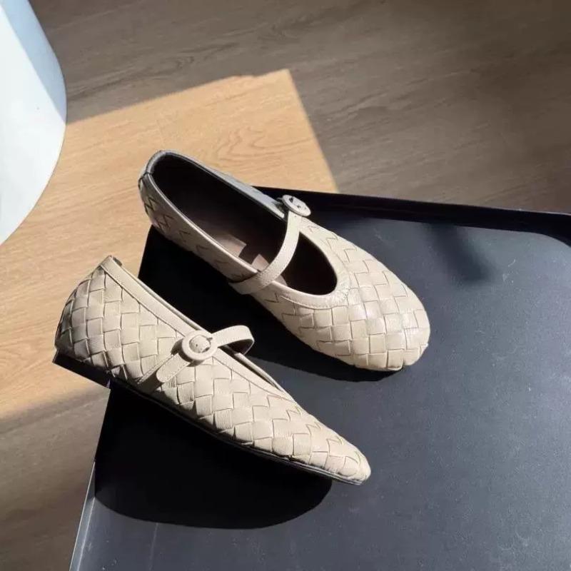 Sheepskin Version Leather Woven Retro Mary Jane Shoes Women's Word with Flat Bottom Shallow Mouth Single Shoes