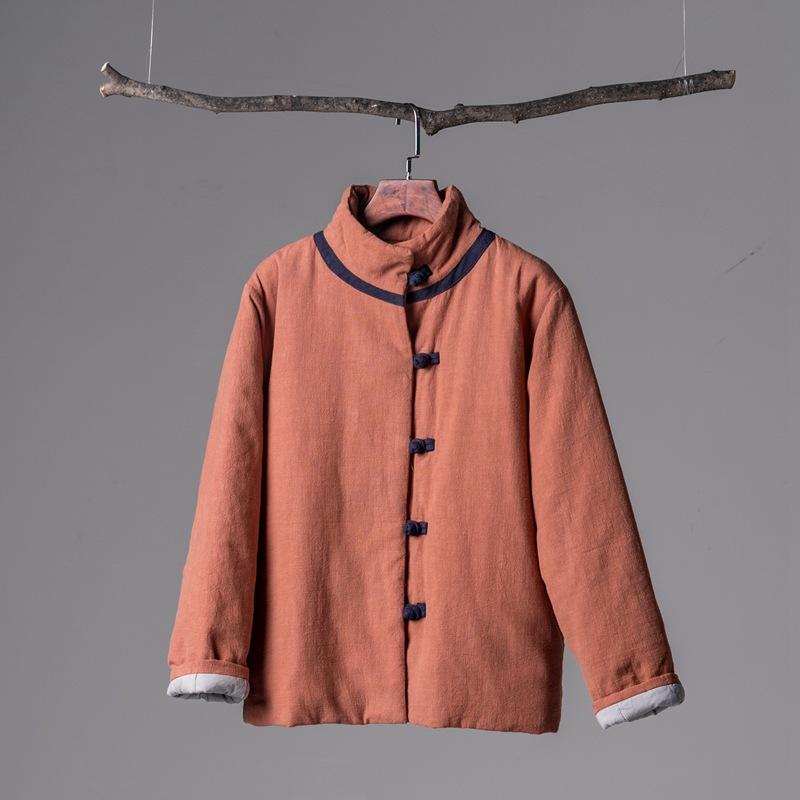 

Зимняя новая ретро-пряжка контрастного цвета воротник-стойка песочная стирка льняной топ хлопковая куртка женское короткое хлопковое пальто One Size