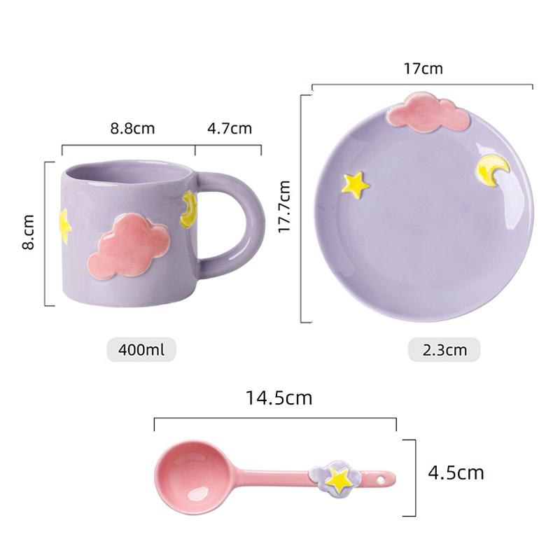 

Керамическая десертная тарелка с кружкой для кофе объемом 400 мл, набор ложек, мультяшное облако, звезда, чашка для завтрака, овсянка, закуска, блюдце, тарелка, чашка для чая фиолетовый