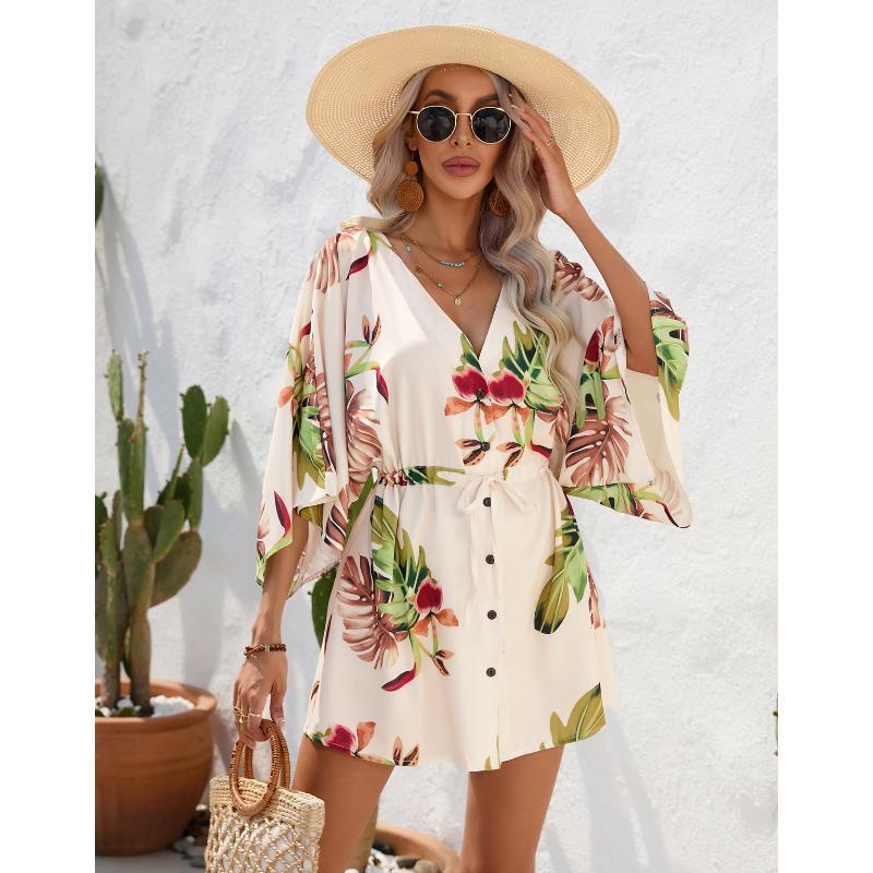 

Women s Summer Tropical Leaf Print V Neck Kimono Sleeve Tie Waist Button Front Mini Dress Casual Beach Vacation Short Dress XXL абрикосовий