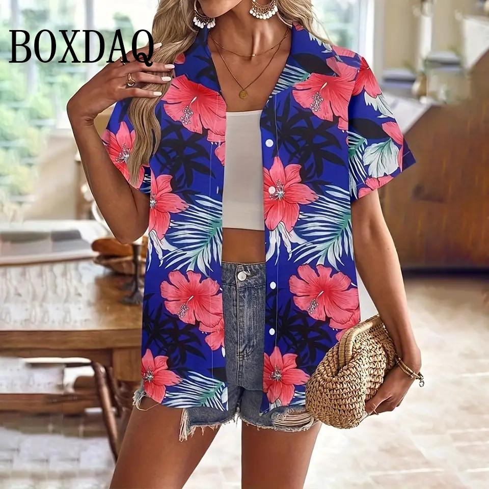 Summer Blouses Vintage Floral Print Short Sleeve Shirts For Women Casual Beach Hawaiian Vacation Lapel Shirt For Women Clothing