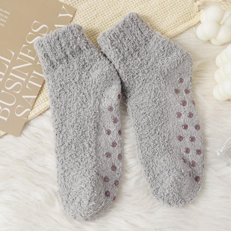 Autumn Winter Non-Slip Coral Floor Socks Women Thick Warm Thermal Home Carpet Sleep Slippers Socks Solid Color Casual Short Sock