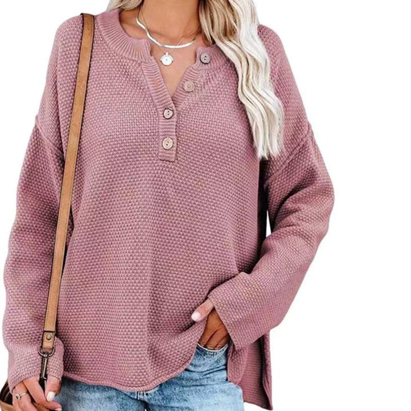 Women S Solid Color Half Open Button Pullover Long Sleeve Sweater