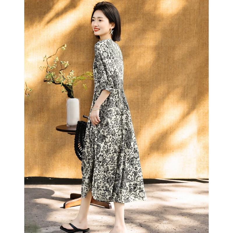 Demana Women's Retro Printed Satin Midi Dress