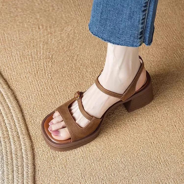 Women'S New Autumn French Retro Thick Heel Sandals High Heel Thick Sole Waterproof Opentoe Soft Leather Square Head Shoes