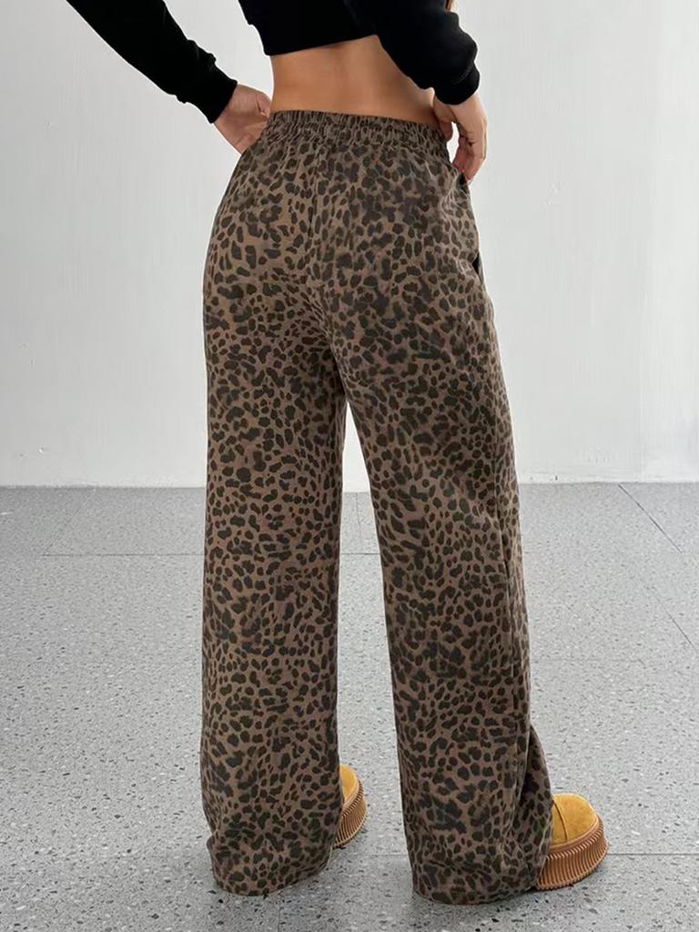 Spring/Autumn Spicy Girl Women's High Waist Wide Leg Pants Loose Fit Slimming Trendy Leopard Print Floor Length Casual Pants