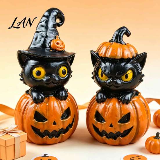 Spooky Tabletop Centerpieces Halloween Black Cat & Pumpkin Resin Ornaments, Cute Desktop Figurines, Office Desk Seasonal Ornaments Cartoon And Statue
