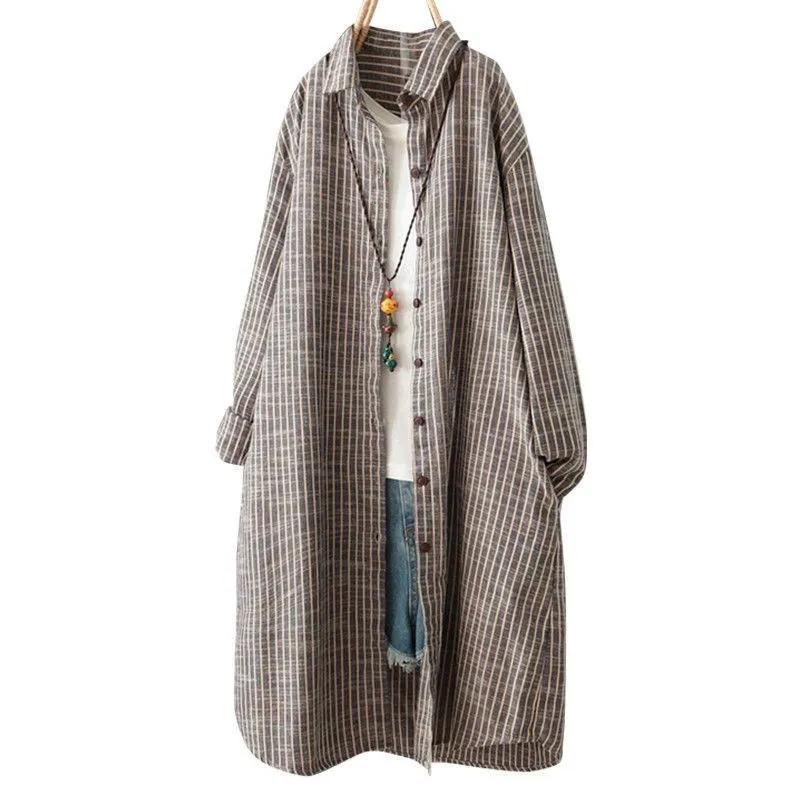 Women's Blouse Loose Cotton-Linen Shirt Women's Long Coat Shirt
