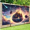 Epic Cosmic Castle Tapestry, Glowing Medieval Palace on a Planet in Vibrant Starry Nebula, Dreamy Fantasy Wall Art