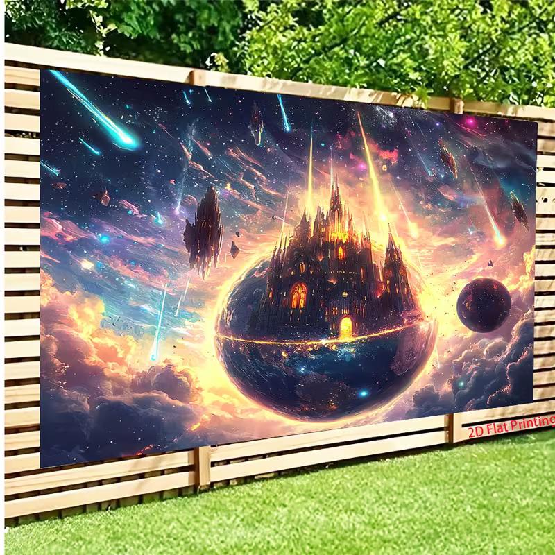 Epic Cosmic Castle Tapestry, Glowing Medieval Palace on a Planet in Vibrant Starry Nebula, Dreamy Fantasy Wall Art