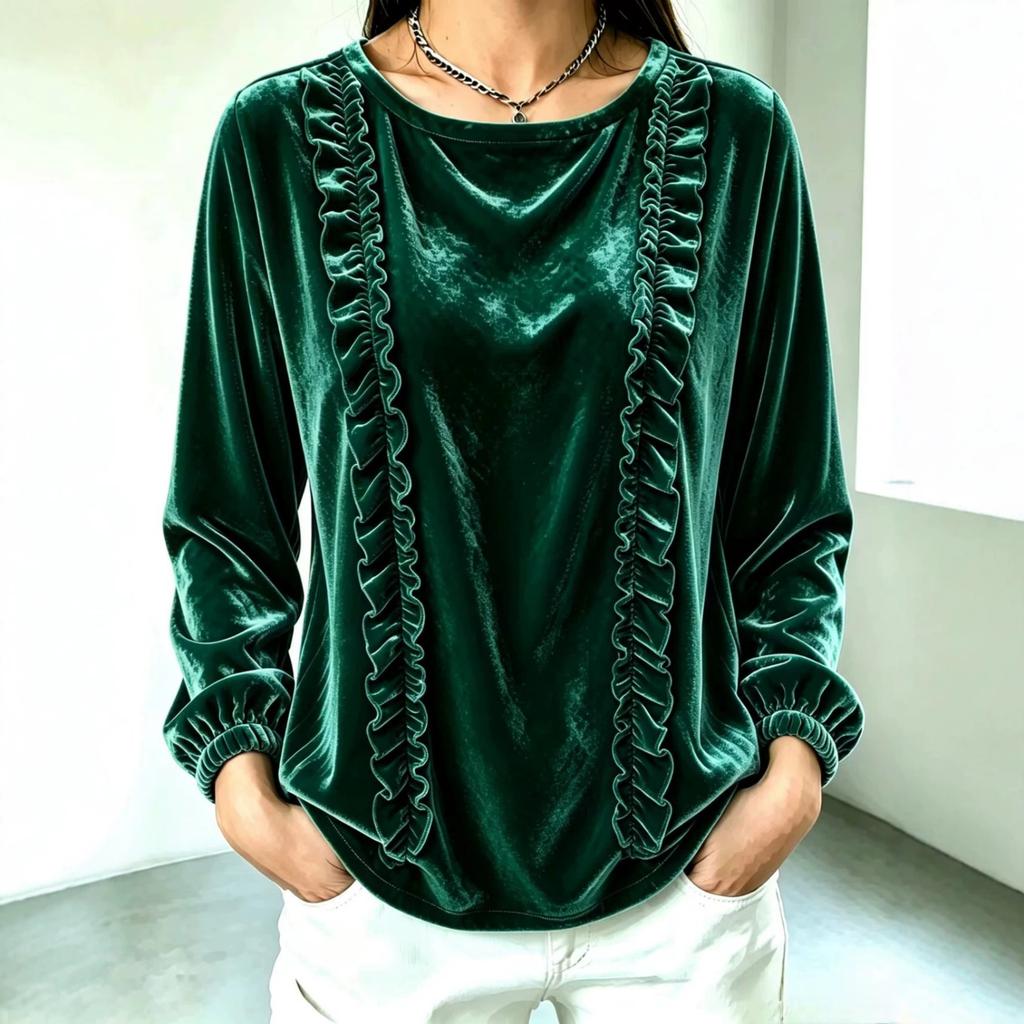 Women's Fashion Color Long Sleeve Ruffle Trim Top for Casual Everyday Wear