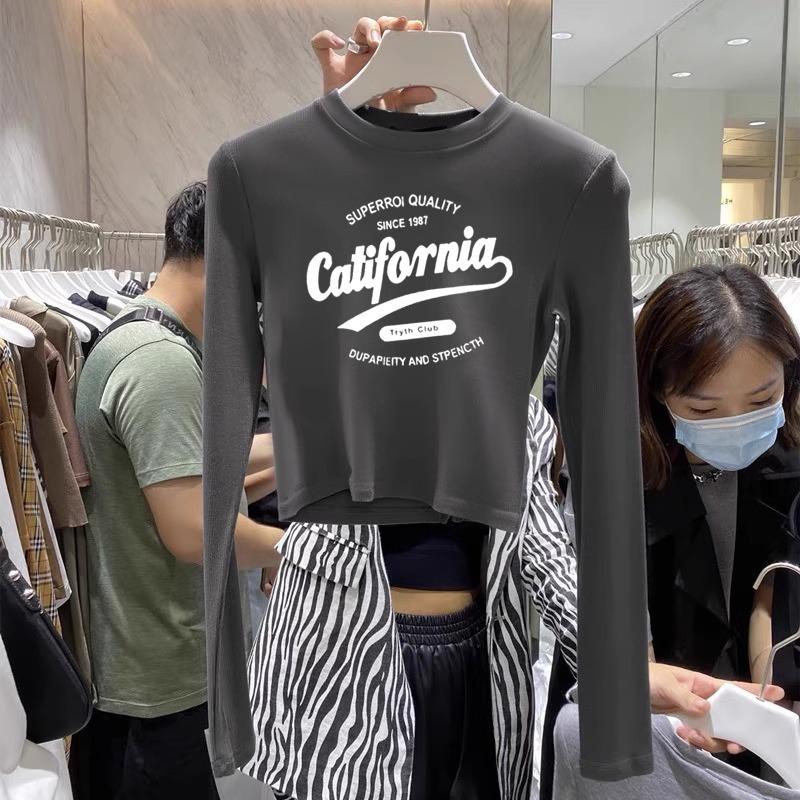 

Женская осенняя мода, пуловер с длинным рукавом и круглым вырезом, облегающий, базовый, с принтом букв, кроп-топ для многослойности XL