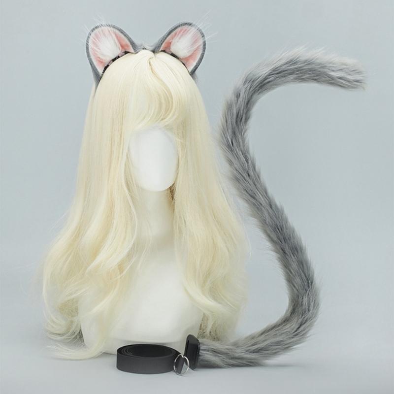 Mouse Costume Accessories Faux Furs Foxes Tail and Ears Headband Set Animal Halloween Cosplay Costume for Women Men