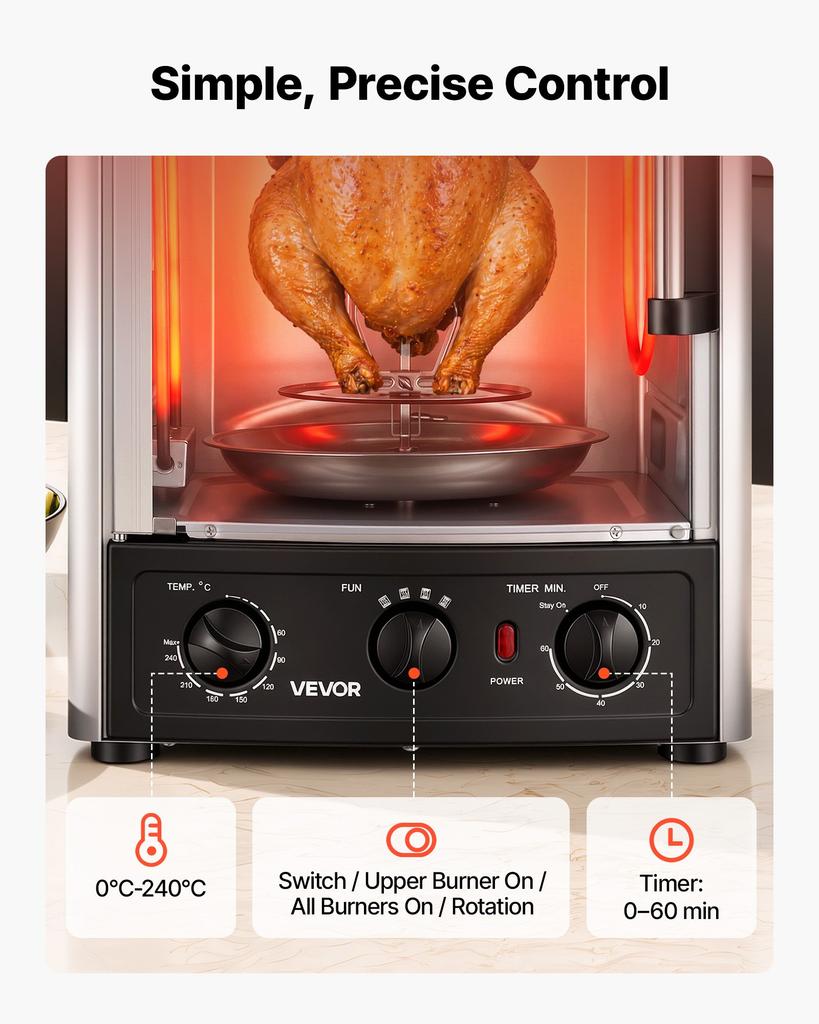 VEVOR Countertop Vertical Rotating Oven 22L Rotisserie Shawarma Machine, 1500W Kebab Grill Roaster with Heat-Resistant Door, Drip Tray