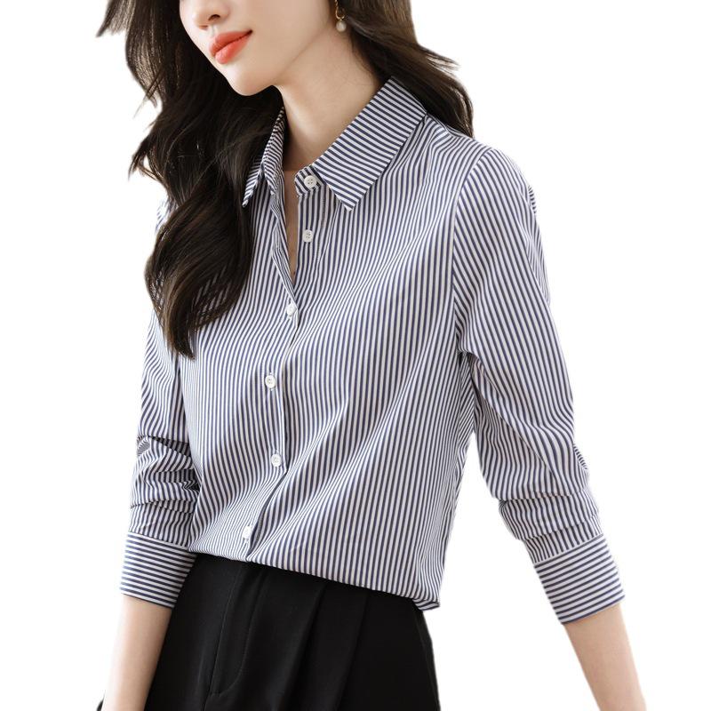 Women's 2025 Autumn Vertical Striped Long Sleeve Shirt - Korean Style Slimming Professional Top