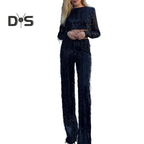 2Pcs/Set Women Tassel Sequin Party Outfit Set O Neck Long Sleeve Cropped Tops High Waist Wide Leg Long Pants Set