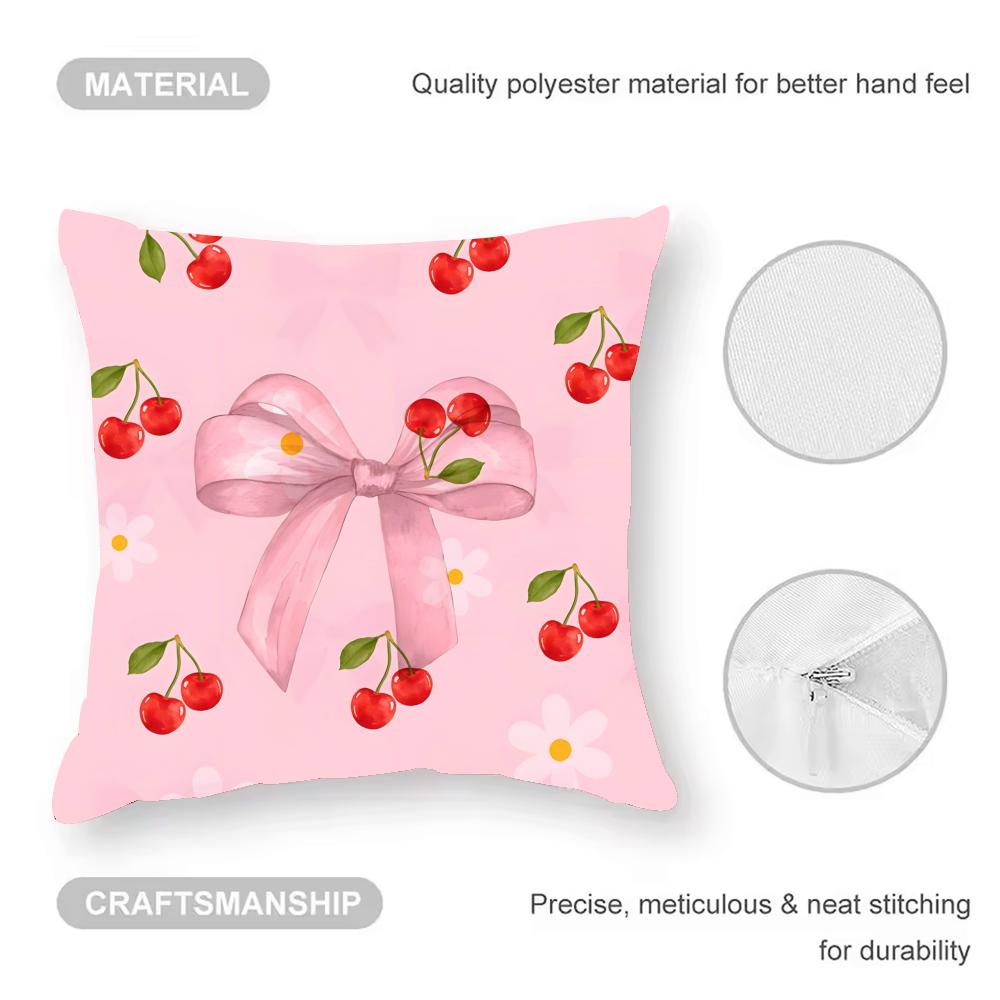 Beautiful Pink Bow Cherry Cushion Cover Anti-Dustmite Pillowcase Invisible Zipper Silky Short Plush Sofa Cushion Cover