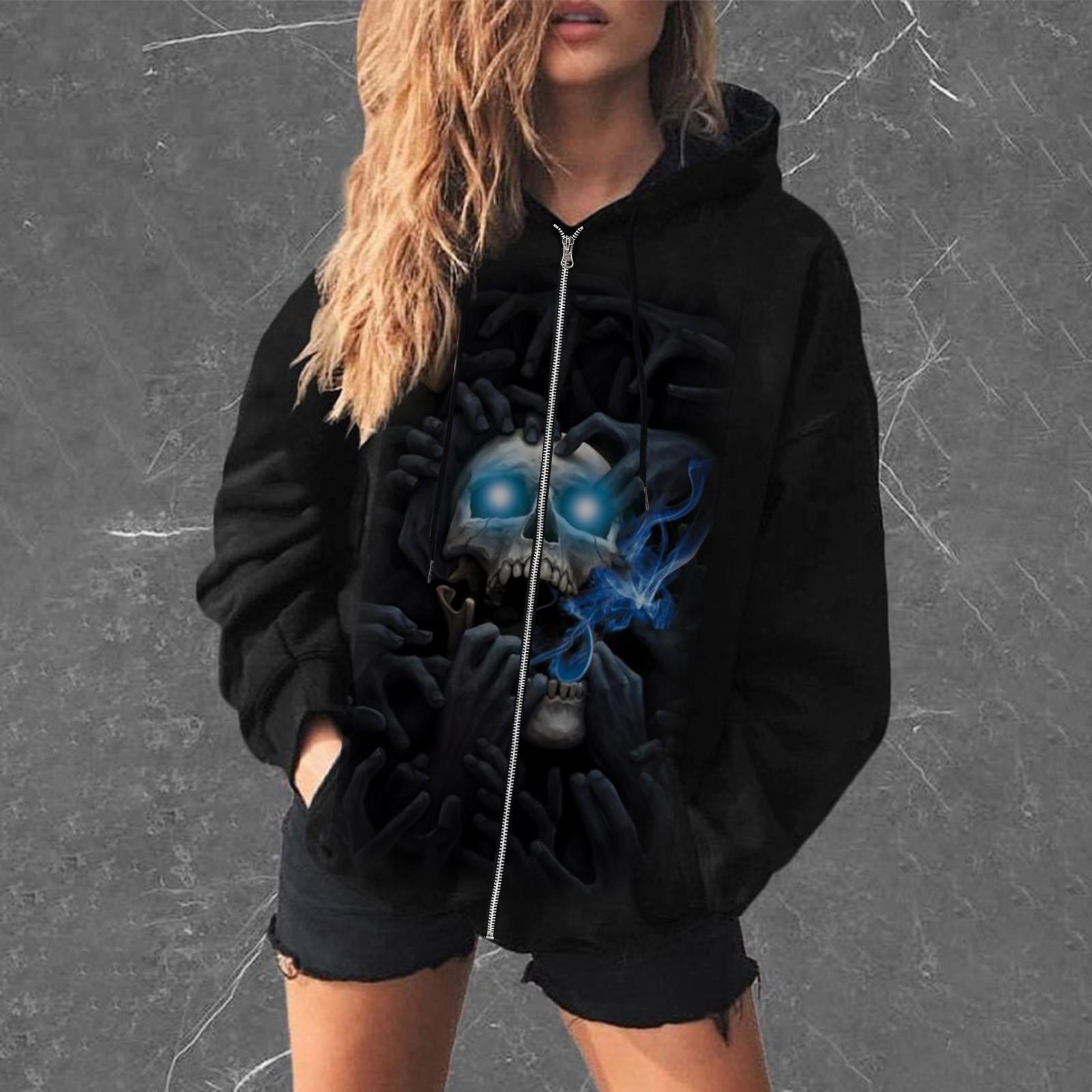 

Women s Oversized Zip Hoodie Halloween Graphic Print Jacket Top Streetwear Sweatshirt XXL синій