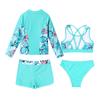 4-teiliges Bademode-Set für Kinder, Mädchen, bedruckt, mit Reißverschluss vorne, Oberbekleidung mit ärmellosem bauchfreiem Top mit Riemchen hinten und Slips, Shorts, Outfit zum Schwimmen