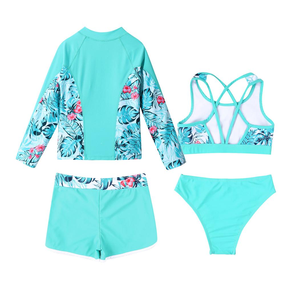 4 ΤΕΜ Παιδικά Σετ Κοριτσίστικα Μαγιό Μπροστινά Εξωτερικά Ενδύματα με Φερμουάρ με Αμάνικο Μπλουζάκι Πίσω και Σορτσάκι Σορτς για κολύμπι Be