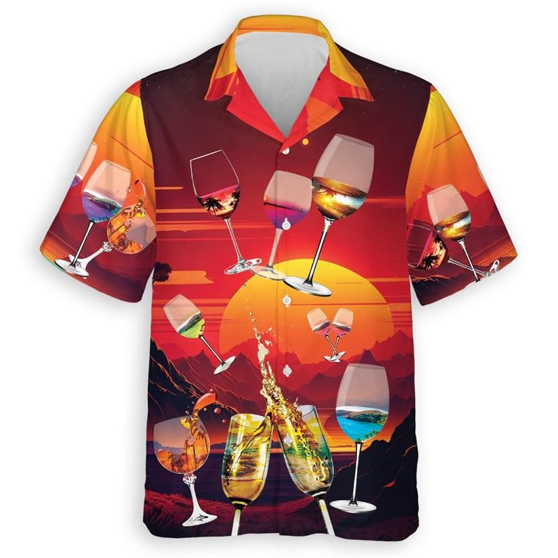 ETST51 3D Print Mousserende Wijn Grafisch Hawa&iuml;aans Shirt Voor Mannen Zomer Korte Mouw Champagne Knopen Beach Shirt Mannen Blouse Tops 4XL
