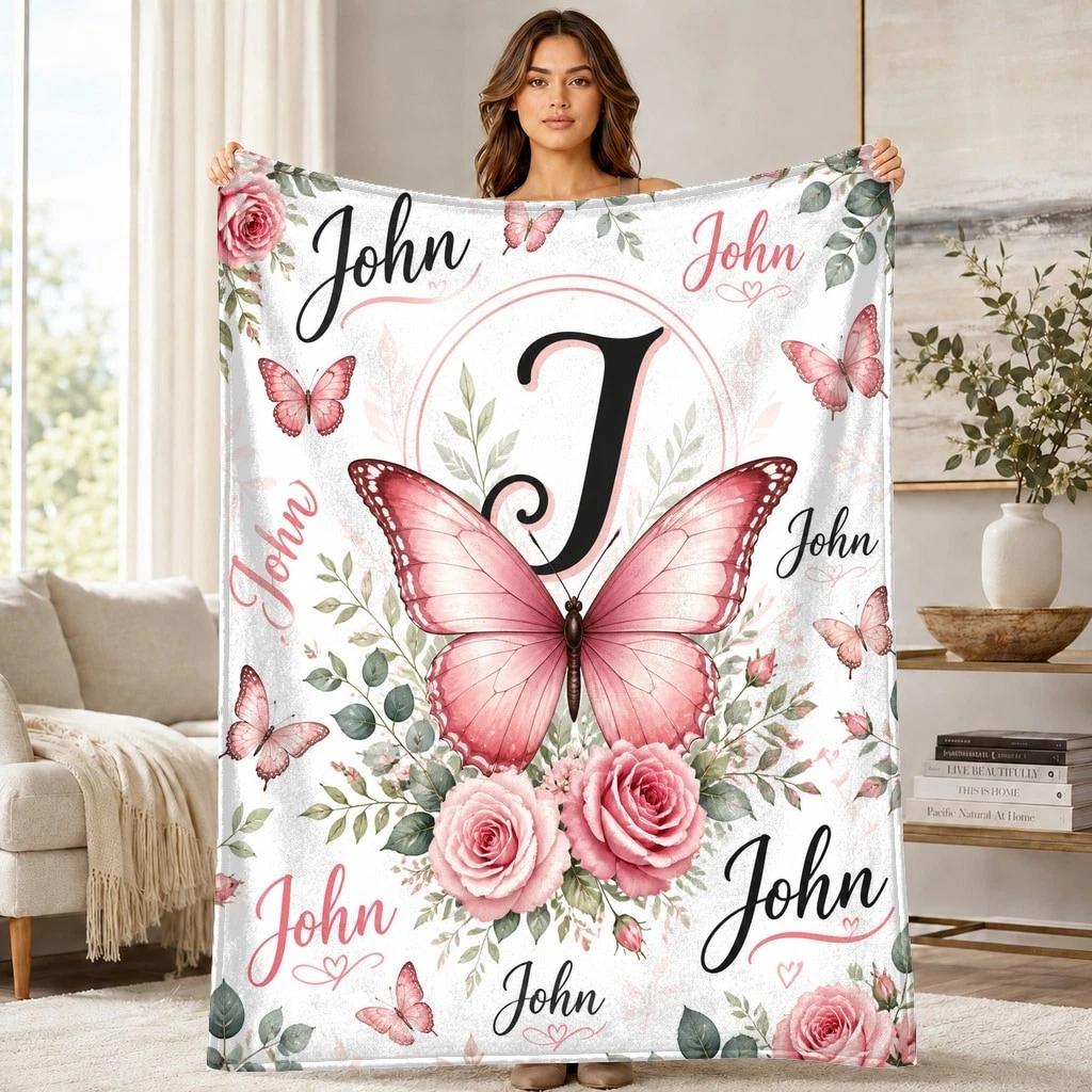John J Monogram Butterfly Roses Coral Fleece Blanket Initial Decor