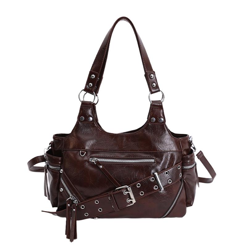 Spring Multi Zipper Large Capacity Shoulder Bag for Women 2026 Simple Motorcycle Style Underarm Bag Rivet Retro Commuter Bag