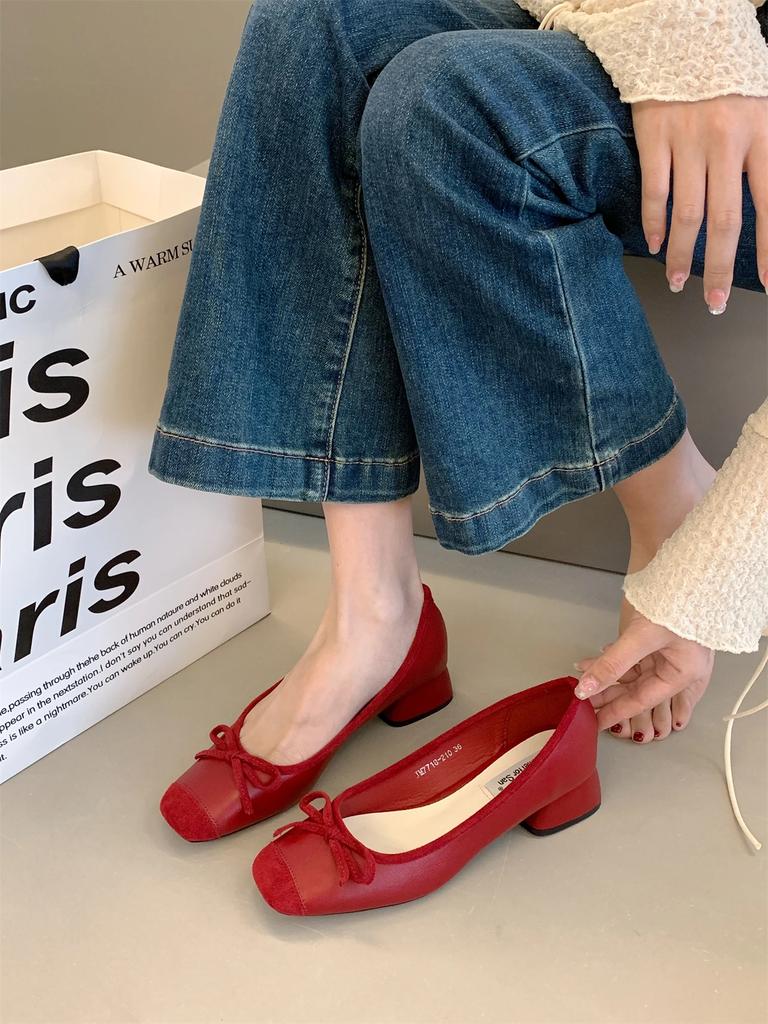 Fashion Elegant Red Ballerinas Women Pumps Slip On Loafers Round Toe Square Heels Bowknot Casual Spring Autumn Low Heel Shoes