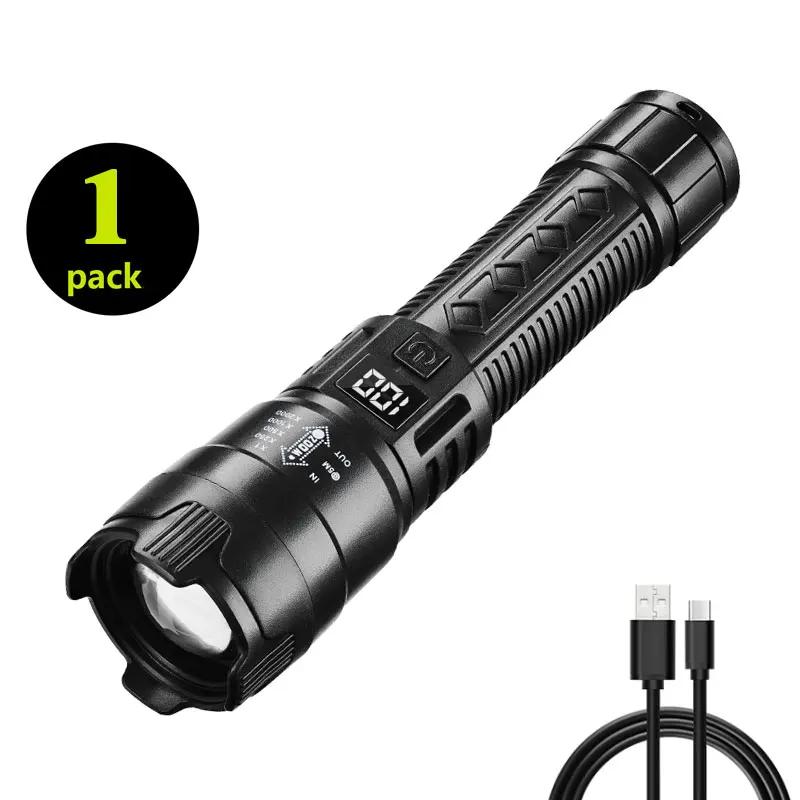 High Power LED Flashlight Tactical Torch USB Rechargeable Power Display Zoom Waterproof Lamp Camping Fishing Emergency Outdoor