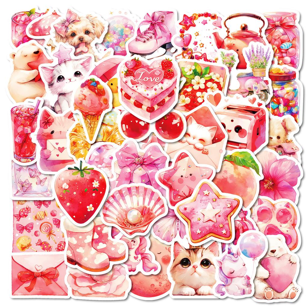 50 Cute Pink Mix And Match Graffiti Stickers Strawberry Unicorn Shell Non-Repeating Waterproof Decorative Stickers