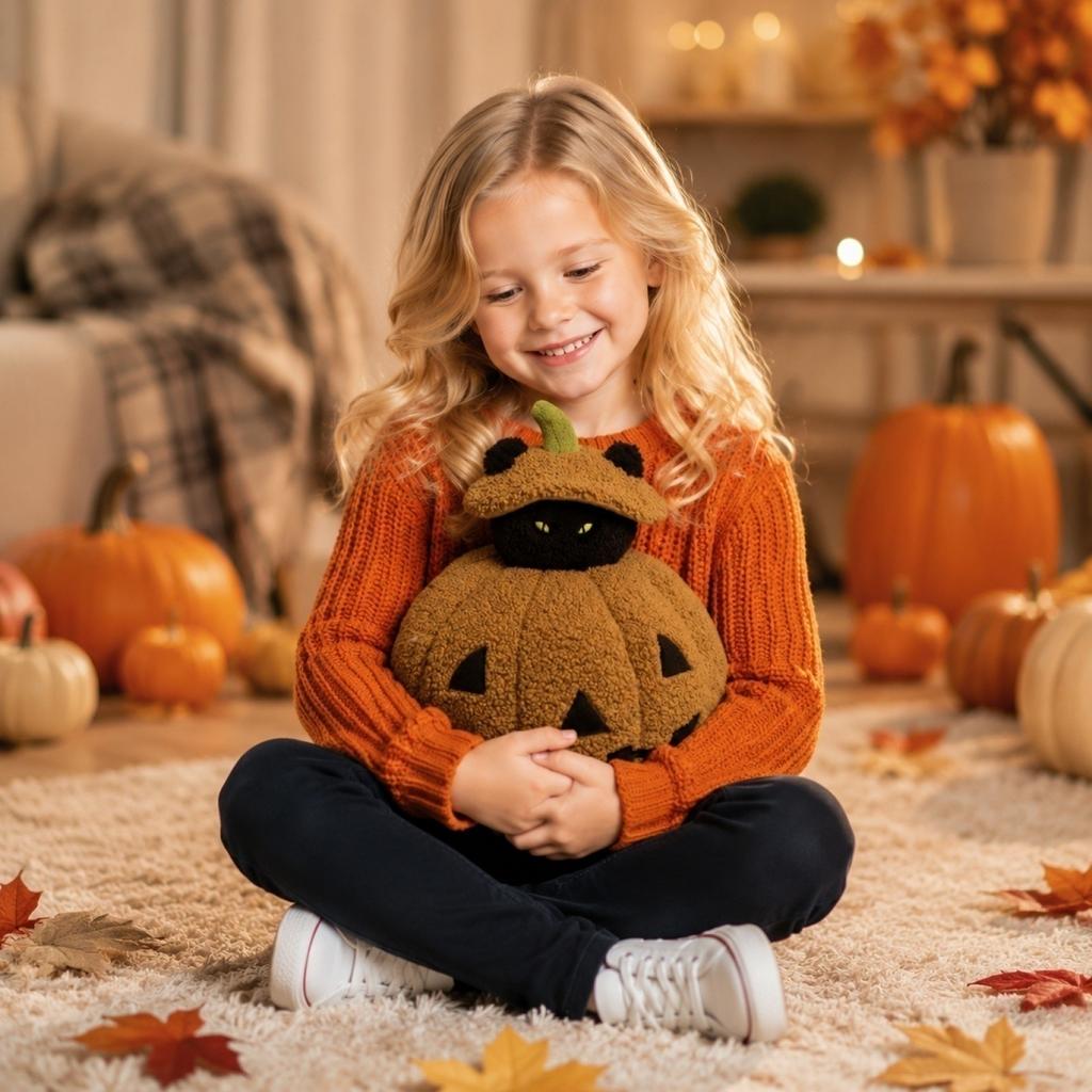Plush Halloween Pumpkin Toy with Removable Top and Hidden Black Cat Inside Soft Stuffed Animal Halloween Decoration Gift for Kids and Adults