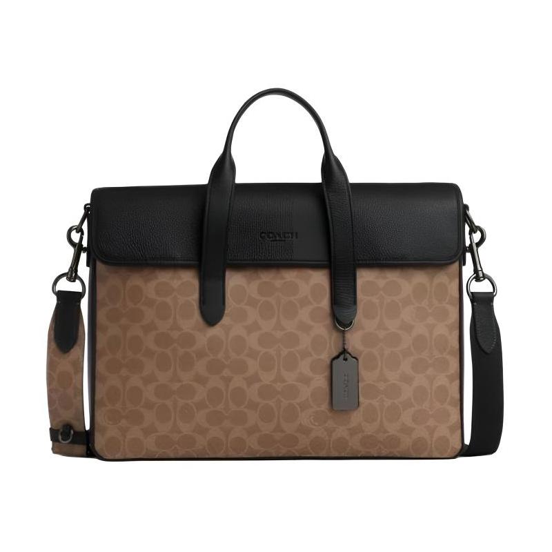 

COACH Sullivan 39 Logo Classic Faux Leather and Fine Pebble Leather Briefcase Large Women s Tan and Black чорний