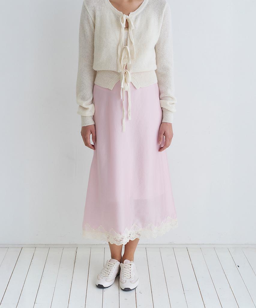 VEM.VER Lace Trim Satin Midi Skirt_Pink