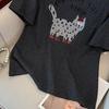 2026 Spring Women's Plus Size Thick Cotton Cat Print Short Sleeve Top