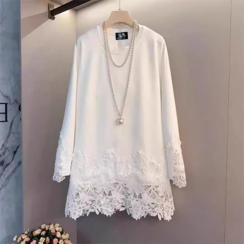 Plus-Size Women s Mid-Length Lace Patchwork Long-Sleeve Casual Top XL