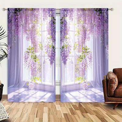 2 adet Wisteria Sinensis Baskılı Perde Ev Dekorasyonu için - Çubuk Geçmeli Yatak Odası, Ofis, Mutfak için Pencere Uygulaması