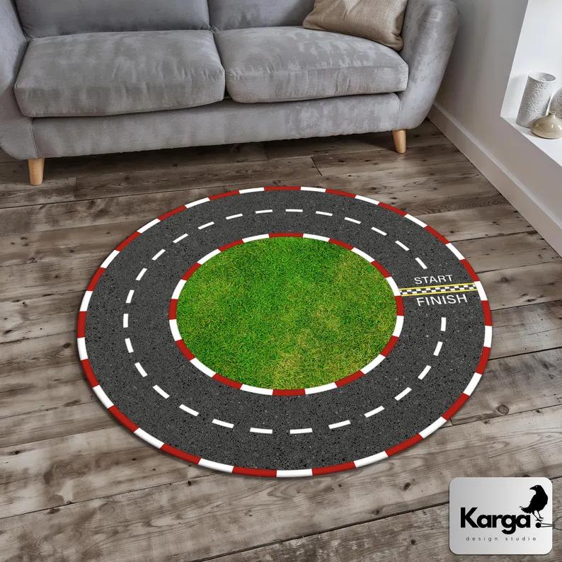 Kids Race Track Rug Round Toy Car Play Mat Nursery Decor Interactive Car Track Nursery Floor Mat Educational Playroom Home Decor