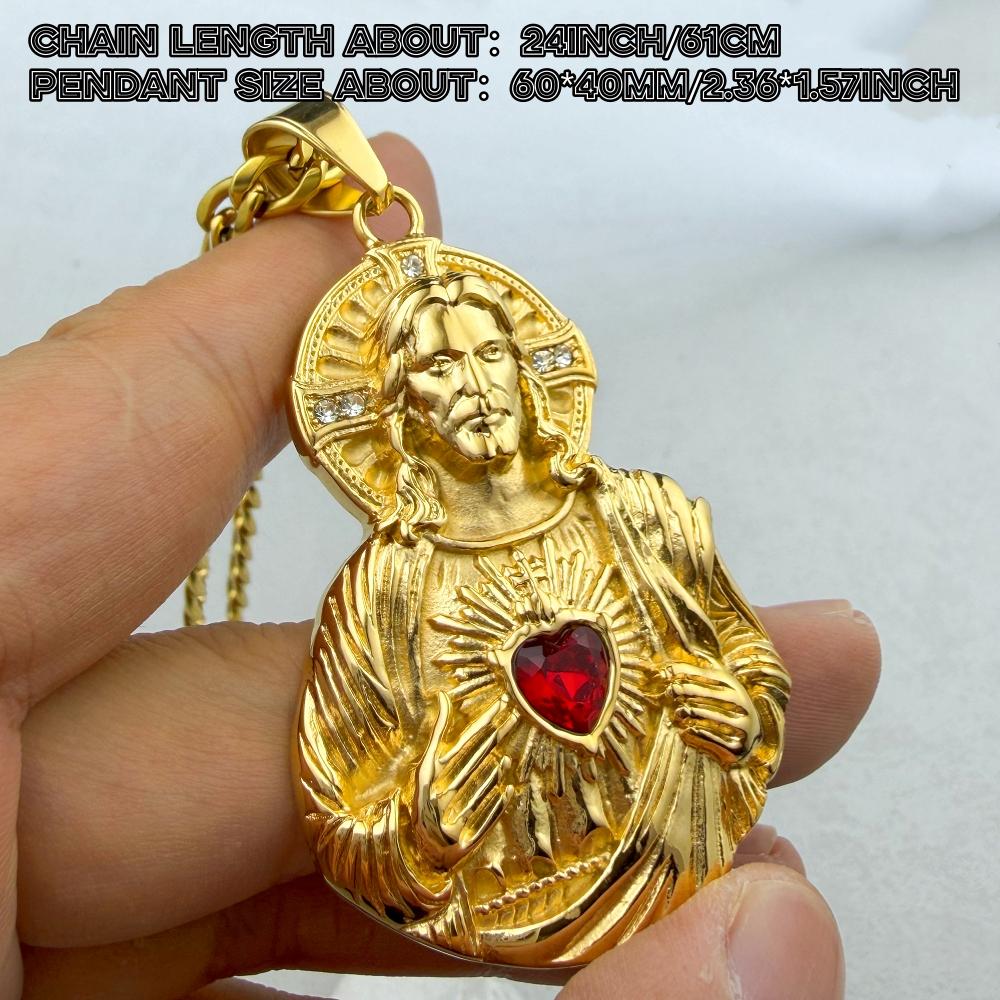 

316L Stainless Steel Pendant, Jesus Heart Pendant, with Rhinestone, Golden Color, Religious, Hip-hop Men s Women s Gift Jewelry