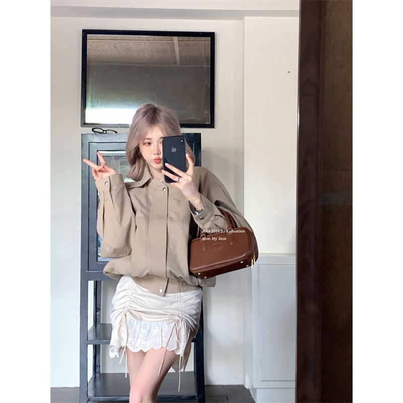 

Kumikumi Нарядная Элегантная Куртка Хаки Верхняя одежда Женская Осень Кружевная Плиссировка Облегающее Платье Короткая Юбка Костюм-Двойка Short skirt L